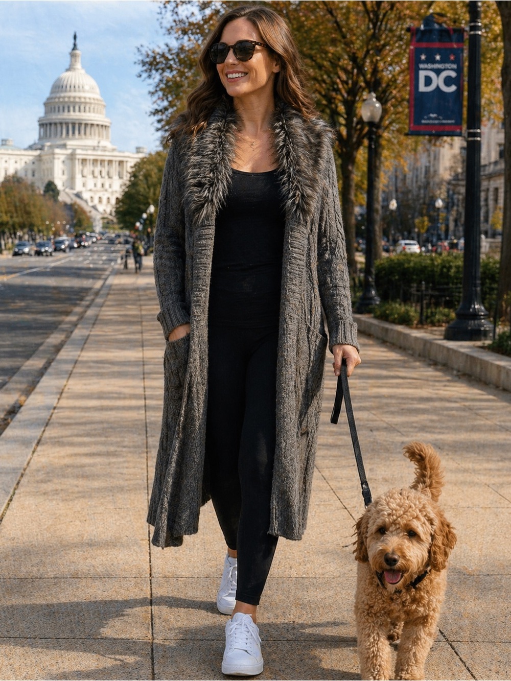 Apt. 9 Long Gray Cable-Knit Cardigan with Faux-Fur Collar
